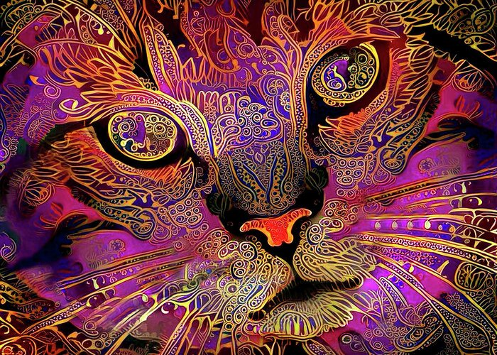 Cat Greeting Card featuring the digital art Maggie May the Magenta Tabby Cat by Peggy Collins