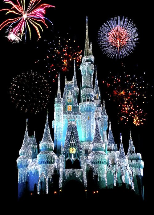 Castle Greeting Card featuring the photograph Magic Kingdom Castle In Frosty Light Blue with Fireworks 06 by Thomas Woolworth