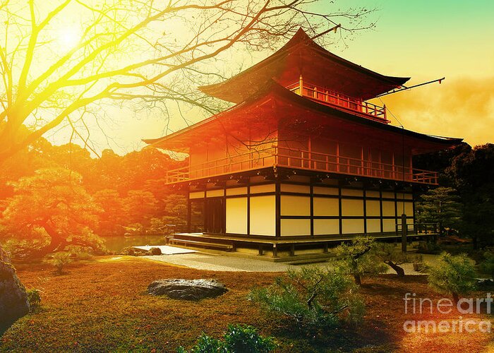 Castle Greeting Card featuring the photograph Magical Sunset Over Kinkakuji Temple by Vvvita