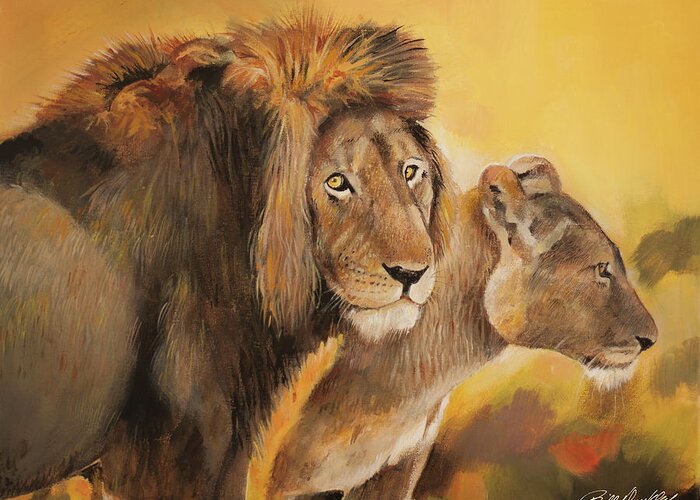 Lion Greeting Card featuring the painting Majestic Pair by Bill Dunkley