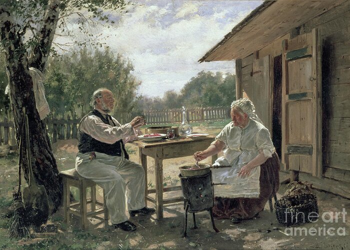 19th Century Greeting Card featuring the painting Making Jam, 1876 by Vladimir Egorovic Makovsky