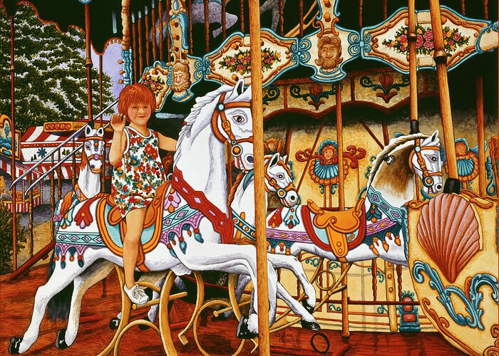 Little Girl Riding On A Merry Go Round - Carousel Greeting Card featuring the painting Making Tracks To The Fair by Thelma Winter