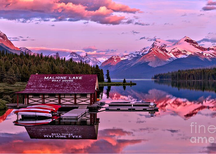 Maligne Lake Greeting Card featuring the photograph Maligne Lake Pink Perfection by Adam Jewell