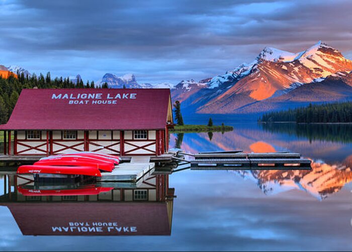 Maligne Lake Greeting Card featuring the photograph Maligne Lake Sunset Spectacular by Adam Jewell