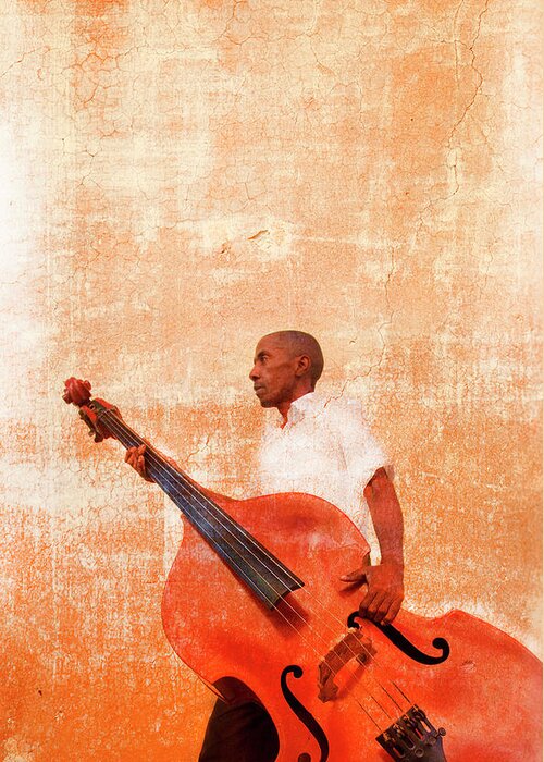 Three Quarter Length Greeting Card featuring the photograph Man Carrying Double Bass by Grant Faint