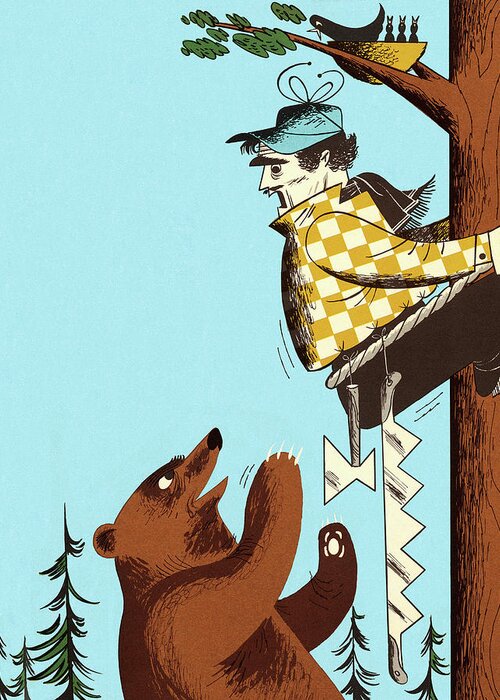 Adventure Greeting Card featuring the drawing Man Climbing up Tree to Get Away From Bear by CSA Images