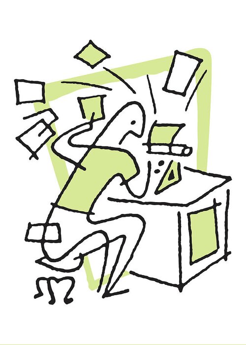 Aggravated Greeting Card featuring the drawing Man Furiously Typing on Typewriter with Papers Flying by CSA Images