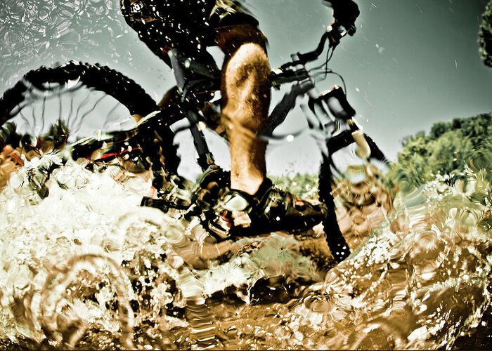 People Greeting Card featuring the photograph Man Riding Mountain Bike Through Water by Doug Berry