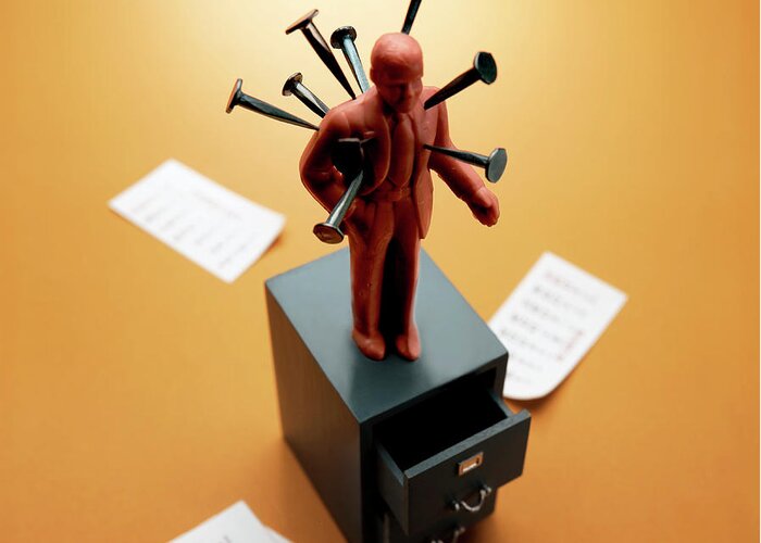 Adult Greeting Card featuring the drawing Man Standing on Filing Cabinet With Nails in His Body by CSA Images