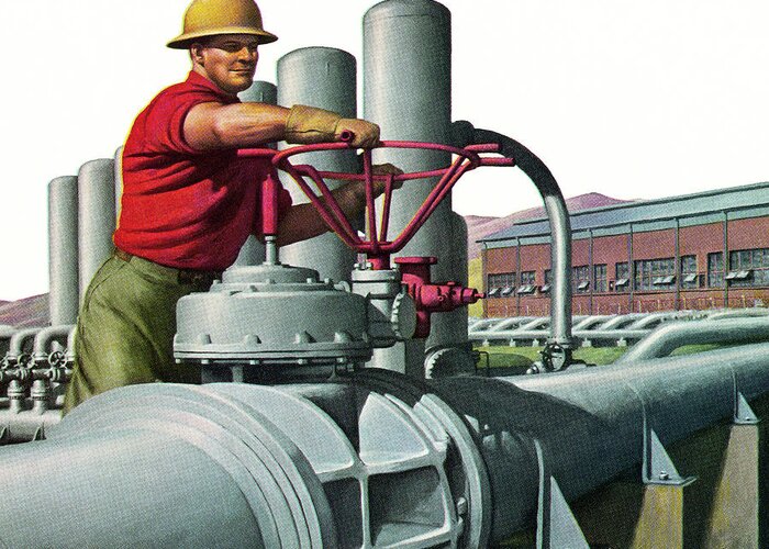 Adult Greeting Card featuring the drawing Man Working at an Oil Refinery by CSA Images
