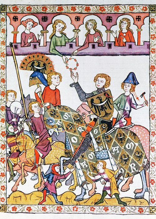 Animal Greeting Card featuring the painting Manesse Codex -1305-40- German manuscript. Prince Henry of Breslau victor of tournament receives ... by Album