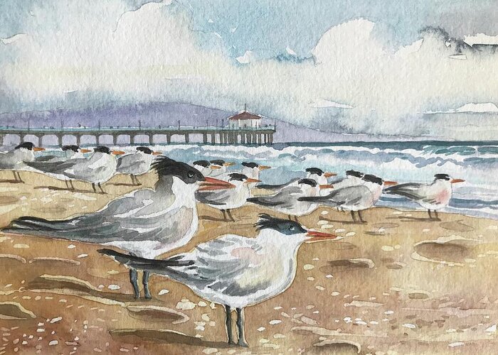 Manhattan Beach Greeting Card featuring the painting Manhattan Beach Terns by Luisa Millicent