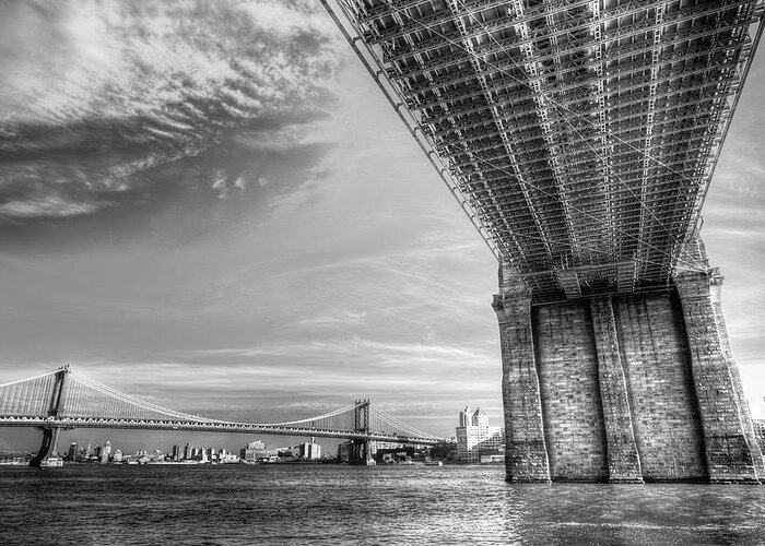 Brooklyn Bridge Greeting Card featuring the photograph Manhattan Bridges And Brooklyn Bridges by David Pyatt
