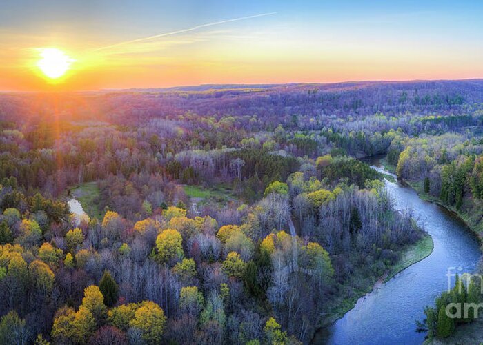Manistee River Greeting Card featuring the photograph Manistee River Sunset Aerial by Twenty Two North Photography