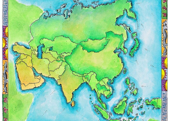 Watercolor Painting Greeting Card featuring the digital art Map Of Asia by Jennifer Thermes