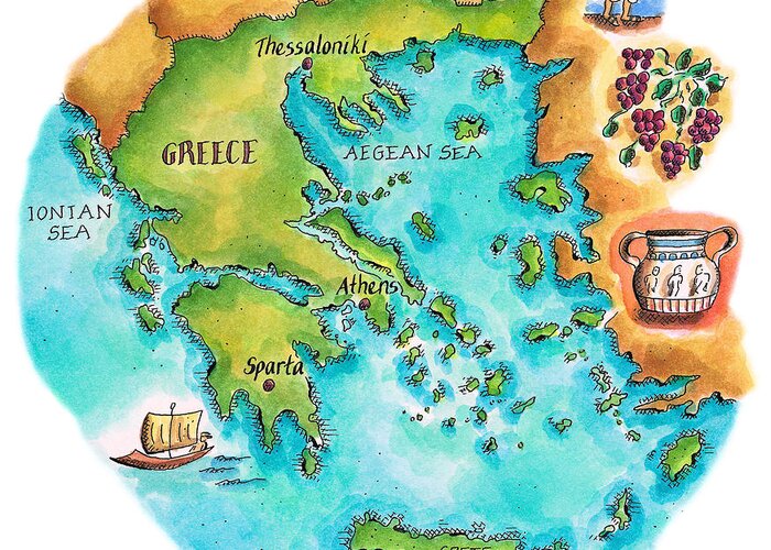 Watercolor Painting Greeting Card featuring the digital art Map Of Greece & Greek Isles by Jennifer Thermes
