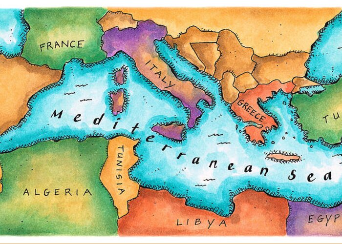 Tunisia Greeting Card featuring the digital art Map Of Mediterranean Sea by Jennifer Thermes