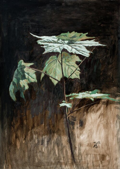 Hans Egil Saele Greeting Card featuring the painting Maple Sapling with Green Leaves by Hans Egil Saele