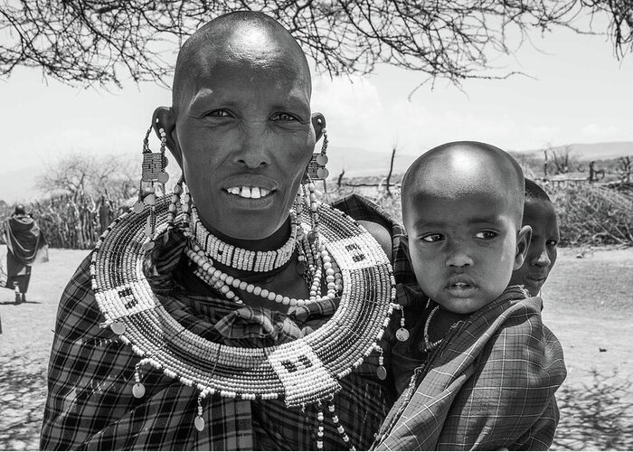 Portrait Greeting Card featuring the photograph Masaai Mother and child by Mache Del Campo
