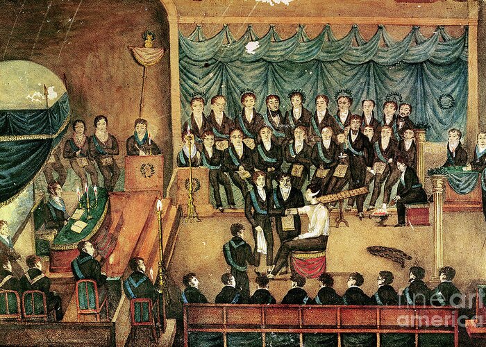 Masonic Greeting Card featuring the painting Masonic Initiation Ceremony Of A Male Freemason, Early 19th Century by French School