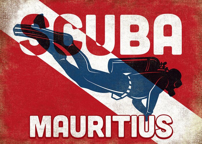 Mauritius Greeting Card featuring the digital art Mauritius Scuba Diver - Blue Retro by Flo Karp
