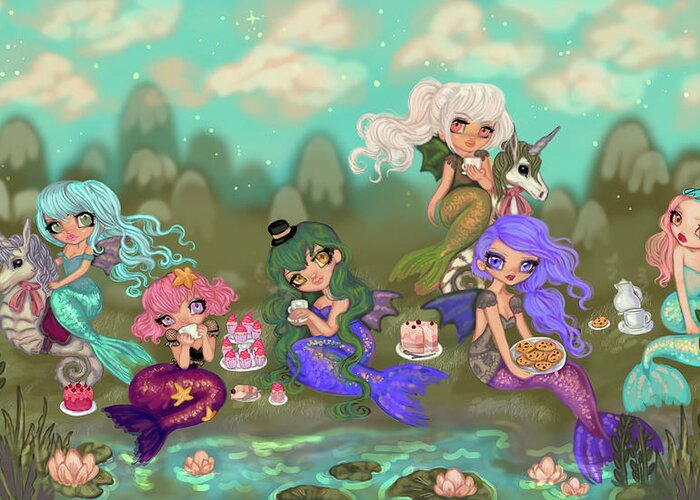 Mermaid Greeting Card featuring the mixed media Mermaids Tea Party by Natasha Wescoat