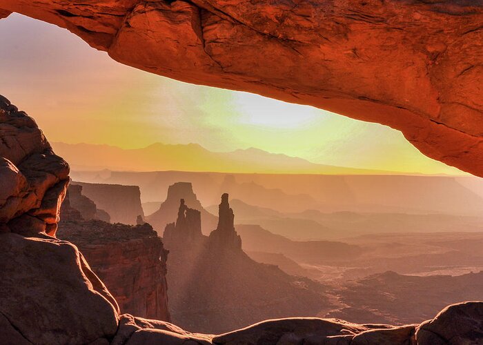 Mesa Arch Greeting Card featuring the photograph Mesa Arch at Sunrise, Washer Woman Formation , Canyonlands National Park, Utah by Tim Kathka