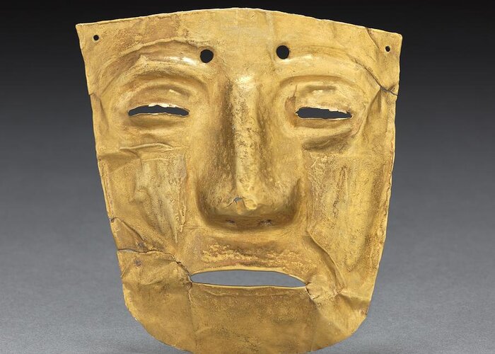 Mesoamerican Greeting Card featuring the photograph Mesoamerican Mask Ornament, Hammered And Cut Gold by Mesoamerican