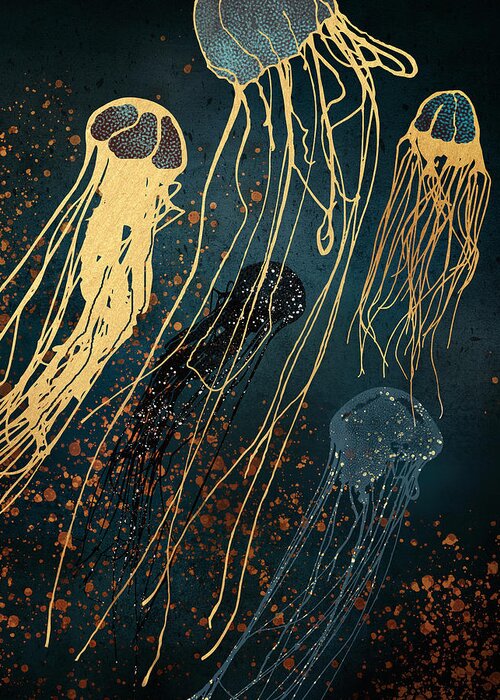 Metallic Greeting Card featuring the digital art Metallic Jellyfish by Spacefrog Designs