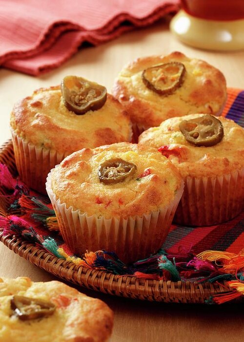 Ip_12247981 Greeting Card featuring the photograph Mexican Corn Bread Muffins On A Multi Coloured Cloth In A Flat Backet On A Wooden Surface by Stuart Macgregor