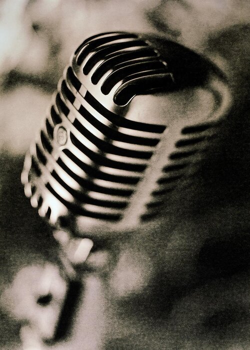 Silver Colored Greeting Card featuring the photograph Microphone, Close-up B&w by Martin Barraud