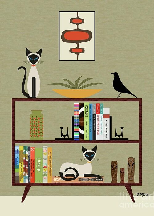 Mid Century Modern Greeting Card featuring the digital art Mid Century Bookcase with Siamese by Donna Mibus