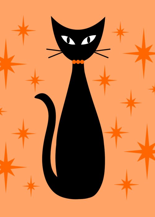 Mid Century Modern Greeting Card featuring the digital art Mid Century Cat with Orange Starbursts by Donna Mibus