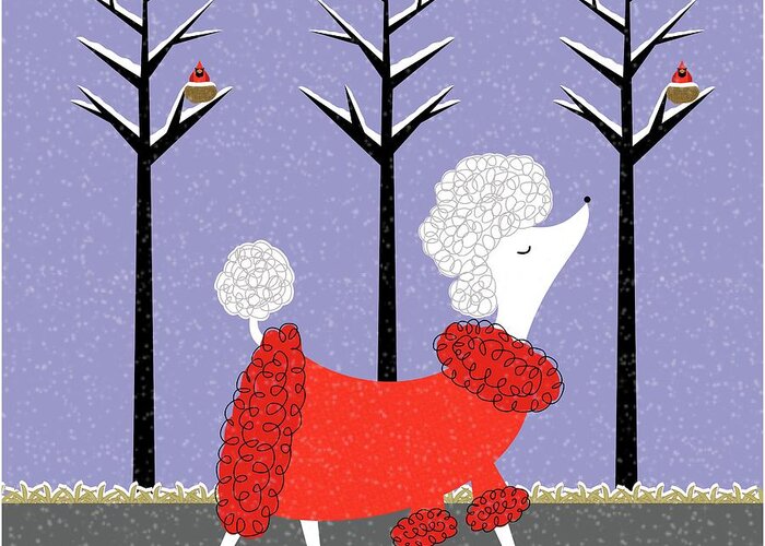 Mid Century Modern Greeting Card featuring the digital art Mid Century White Poodle Winter by Donna Mibus