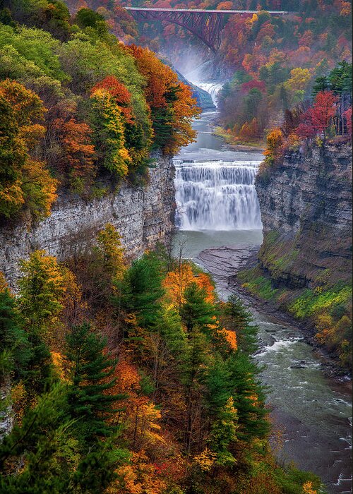 Waterfalls Greeting Card featuring the photograph Middle Falls In Peak Fall by Mark Papke