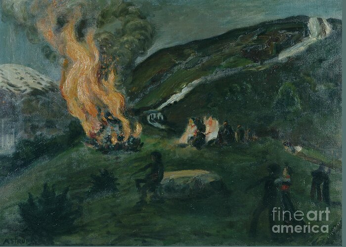 Festival Greeting Card featuring the painting Midsummer Fire, 1902 By N Astrup by Nikolai Astrup