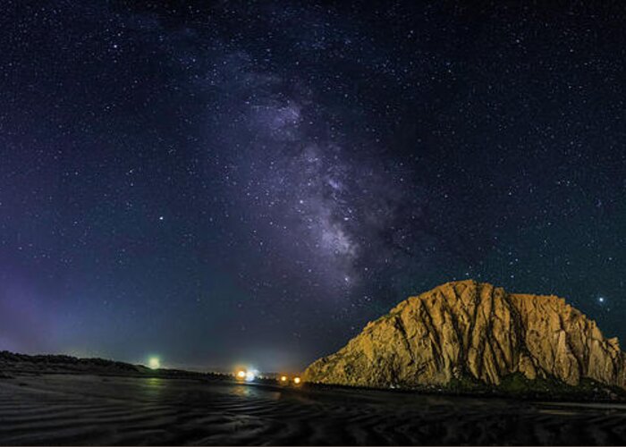 Morro Rock Greeting Card featuring the photograph Milky Way over Morro Rock by Mike Long