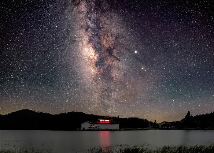 Milky Way Greeting Card featuring the photograph Milky Way over the TianPing Mountain Lake Temple by William Dickman