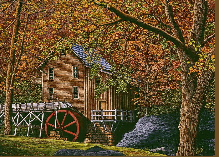 An Old Mill With A Red Water Wheel Greeting Card featuring the painting Mill At Babcock State Park by Thelma Winter