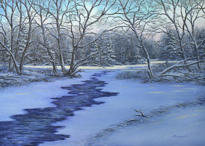 Blue Greeting Card featuring the painting Millhaven Creek In Winter by Richard De Wolfe