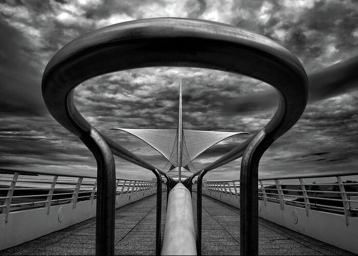 Milwaukee Greeting Card featuring the photograph Milwaukee Art Museum by Santiago Calatrava - framed by walkway railing by Peter Herman