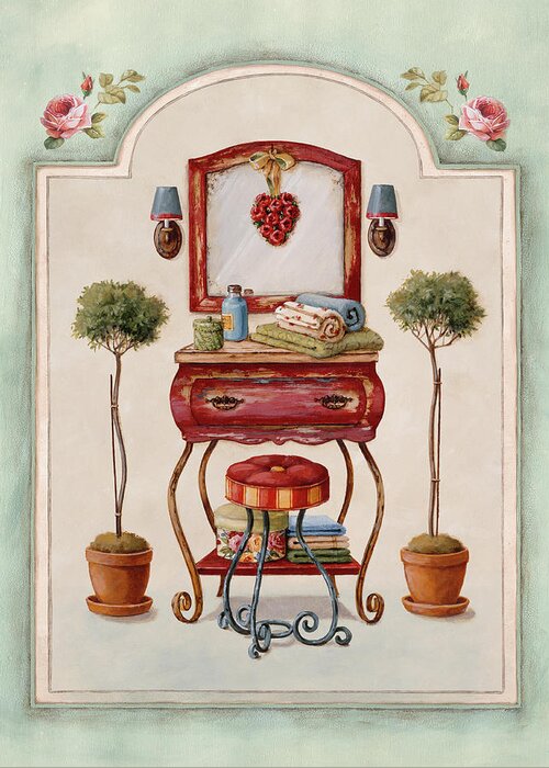 Vanity With Stool Greeting Card featuring the painting Mirror / Seat by Lisa Audit