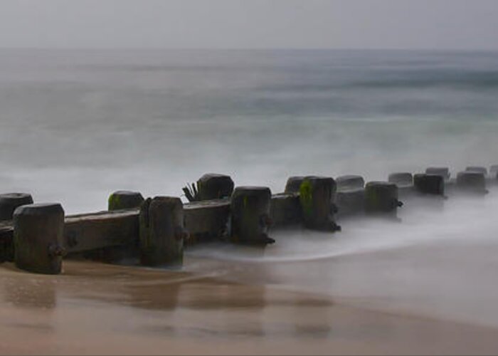 Lbi Greeting Card featuring the photograph Misty Beach Morning - signed color panoramic version by Mark Miller