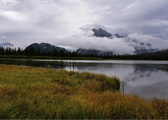 Banff Greeting Card featuring the photograph Misty day on Vermillion Lake Banff Canada Alberta Clouds by Toby McGuire
