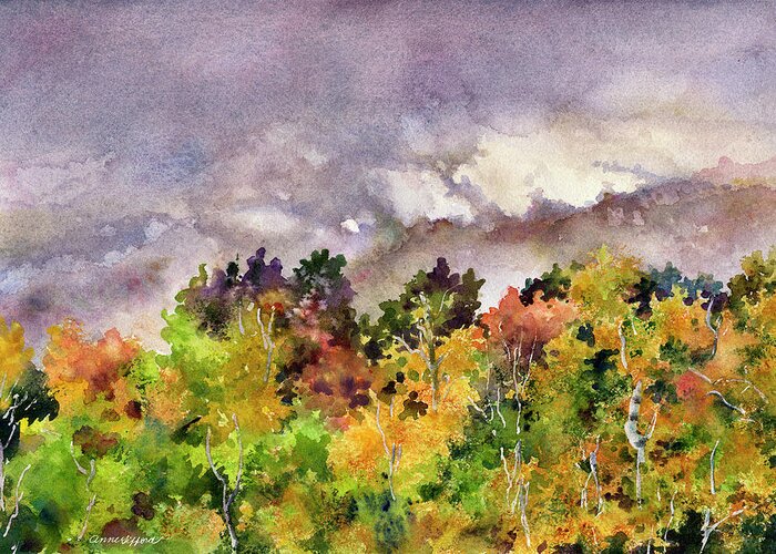 Fall Trees Painting Greeting Card featuring the painting Misty Fall Morning by Anne Gifford