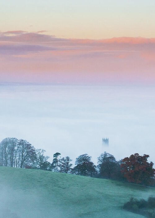 Scenics Greeting Card featuring the photograph Misty Glastonbury Church by Milsters Images