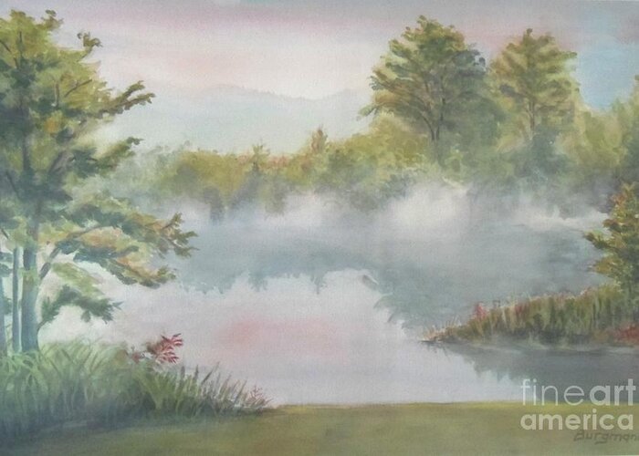 Landscape Greeting Card featuring the painting Misty Pond by Petra Burgmann