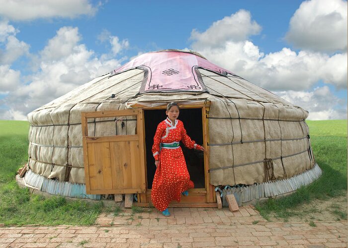Chinese Culture Greeting Card featuring the photograph Mongolian Girl Stepping Out Of Her Yurt by Nancy Brown