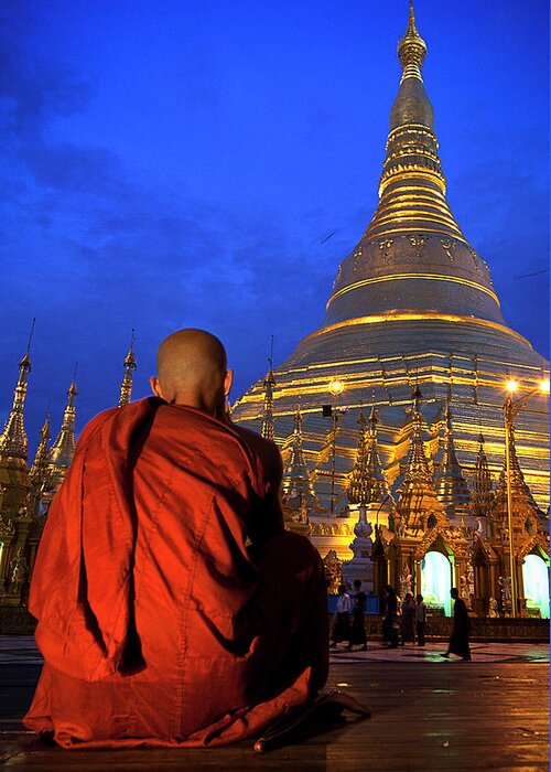 Young Men Greeting Card featuring the photograph Monk In Shwedagon Pagode In Yangon by Daniel Osterkamp