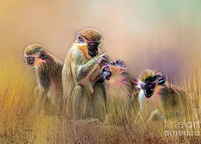 Monkeys Greeting Card featuring the mixed media Monkey Business by DB Hayes